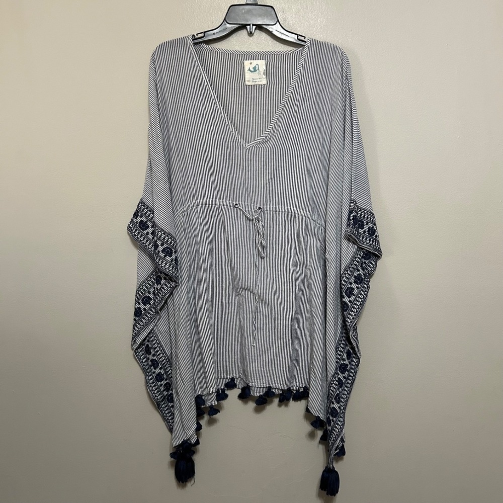 Kaftan Cover Up XS/S Gray White Striped Tassel Embroidered Beach Coastal Resort